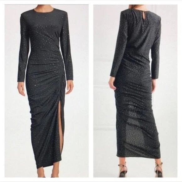 Veronica Beard Amara Ruched Silk Long-Sleeve Embellished Dress Black Siz… - Picture 2 of 10